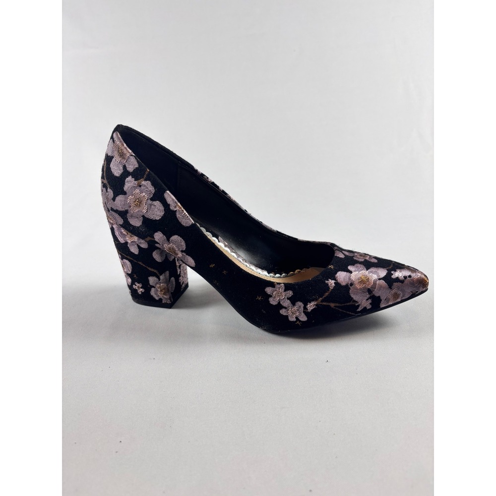 Rampage Black Velvet Block Heel Pumps with Pink Floral Embroidery